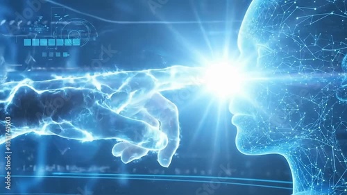 Human hand interacting with digital AI face, exploring future tech and possibilities in a modern, vibrant, and dynamic futuristic setting