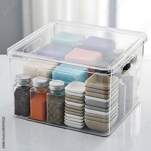Clear plastic storage bin filled with spices and other household items