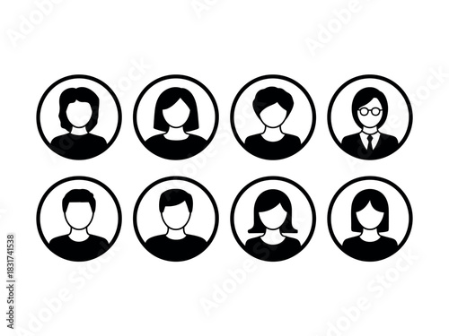 A collection of eight diverse user profile icons are displayed in a grid against a white background, representing different individuals.