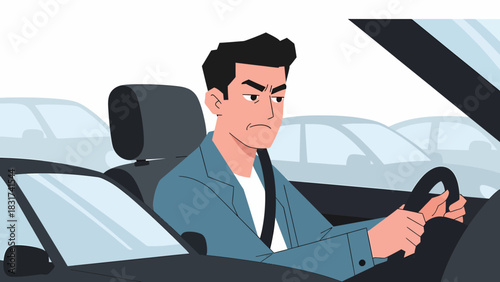 Annoyed Commuter Stuck In Traffic Jam Illustration
