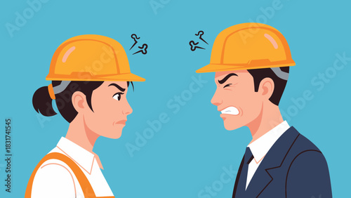 Angry Construction Workers Facing Off During Conflict Or Dispute