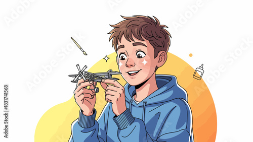Boy Enjoys Assembling A Model Airplane With Thrilling Focus
