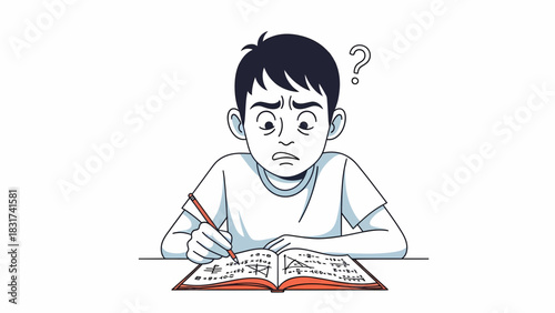 Boy Struggles With Complicated Math Problems In A Textbook