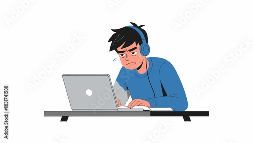 Boy Studying Online With Headphones Feeling Exhausted And Overwhelmed