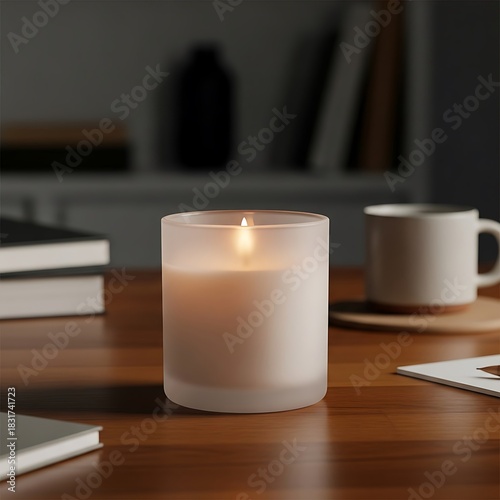 Cozy candle lit desk with books and coffee cup in soft light