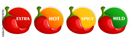 Vector image of spiciness level, chili pepper icons in the shape of a flame. Labels for sauce packaging, menu tags, and restaurant spiciness indicators. Element for your design.