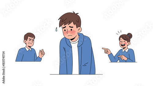 Cartoonish Illustration Of Emotional Bullying With Sad Scared Person