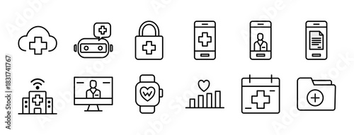 Digital health icon set outline collection, contains EHealth Records, Remote Monitoring, Health App, Wearable Sensor, AI in Healthcare, Cloud Health Data, Digital Prescription, Smart Hospital, Health