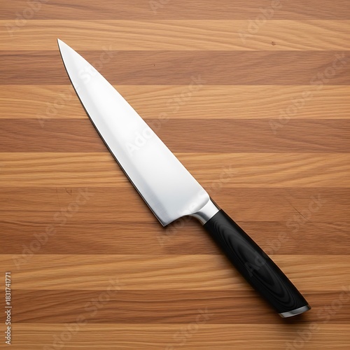 Sharp chef knife with black handle on a wooden cutting board