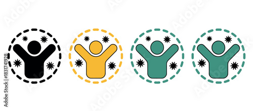 Four stylized figures protected from viruses by a dashed circle, representing health and safety.