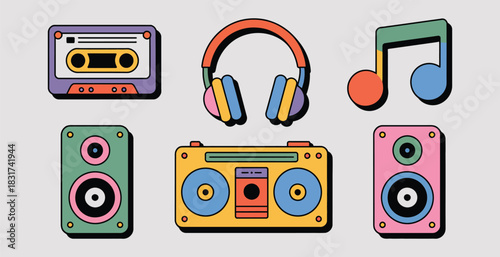 Retro music icons with cassette tape speakers and boombox vector illustration