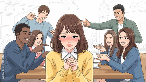 Embarrassed Woman Being Teased By Coworkers During Casual Workplace Gathering