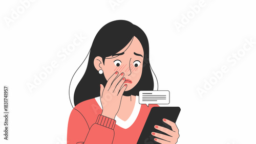 Embarrassed Woman Reads Message on Smartphone with Shocked Expression