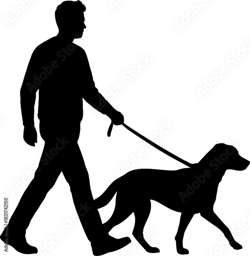 Illustration of a man walking with dog black silhouette.
