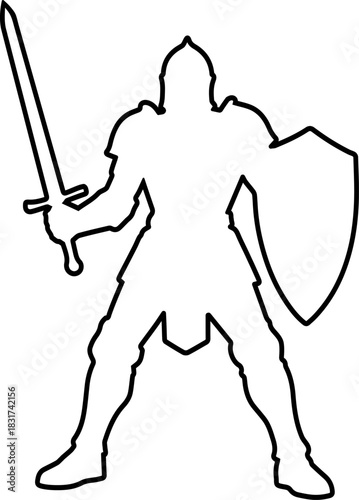 Knight with sword and shield outline silhouette.