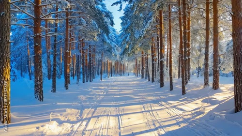 Sunlight shines through the snowcovered trees in a winter forest scene