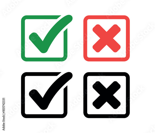 A grid of four squares, two with green checkmarks and two with red crosses, representing choices and decisions.