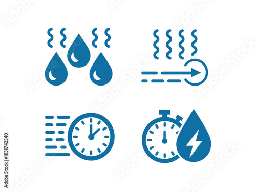 Four blue icons representing water, time, speed, and energy on a white background.