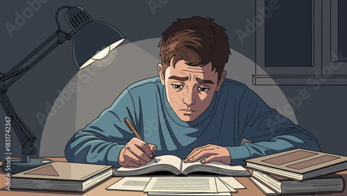 Frustrated Student Struggles With Homework Late At Night Illustration