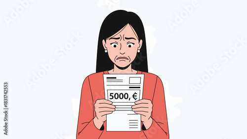 Stressed Woman Holding Bill With Large Amount In European Currency