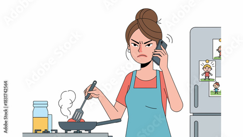 Stressed Woman Multi-Tasking Cooking While on a Phone Call