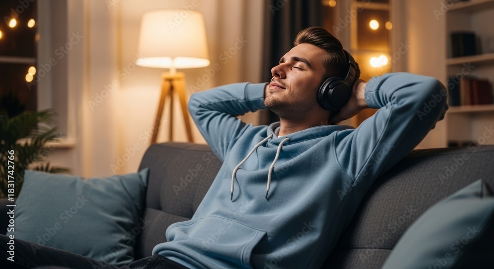 Fototapeta premium Young man relaxing on a couch listening to music with headphones