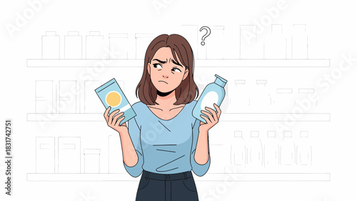 Woman Confused Choosing Between Products At Store Cartoon Style