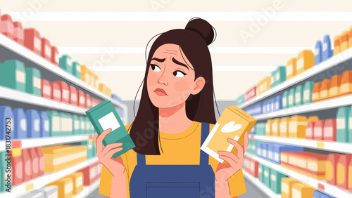 Woman At Supermarket Confused Between Two Product Options