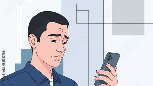 Worried Man Checks His Phone With Sad Expressions
