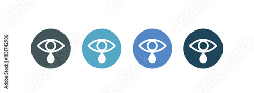 Four circular icons depict a stylized eye with a tear falling, presented in varying shades of blue and grey.