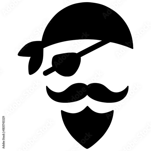 Pirate face silhouette with bandana eyepatch mustache and beard icon isolated vector graphic