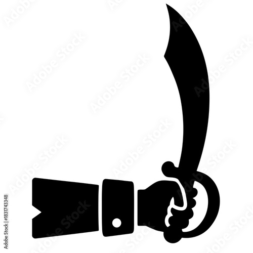 Pirate hand holding curved sword silhouette icon isolated vector graphic