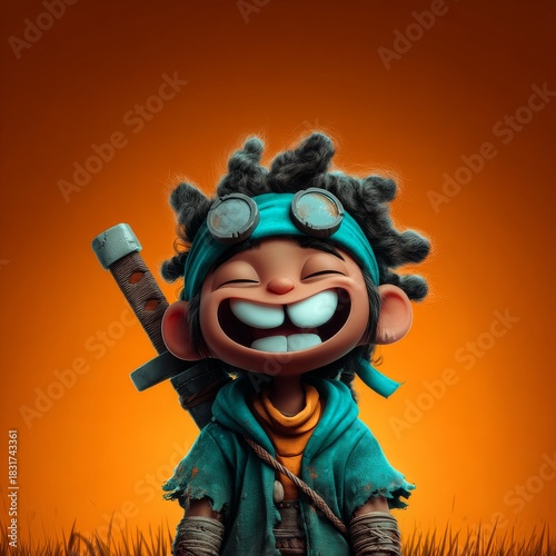 A cheerful character named gigiktm smiling widely while wearing goggles and a hooded jacket