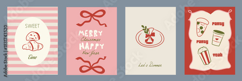 Hand drawn la dolce vita Christmas doodles. Vector illustration cards icon with food, croissant, coffee. Minimalist winter line art for invitations, stationery, printables, social media, wall art.