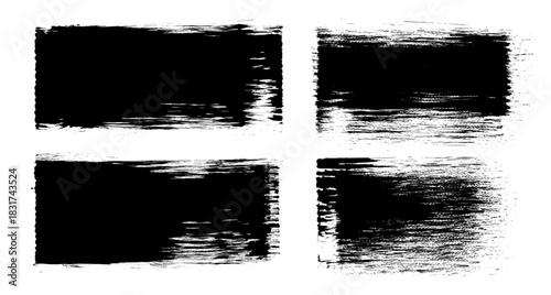 Paint brush stroke background. Ink black vector shapes and frames. Screenprint rough texture text boxes. Marker graffiti stain bg. Urban grange set. Linocut splash marks. Abstract screentone bg
