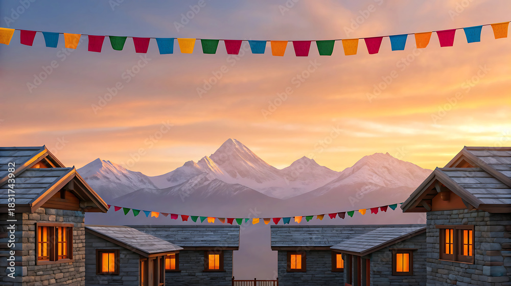 Naklejka premium Himalayan village rooftops at sunrise with colorful flags