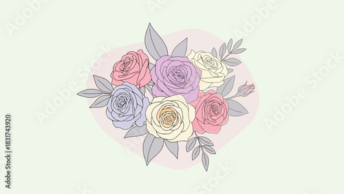 Pastel colored bouquet of roses with gray leaves on a light green background, subtle outline art style