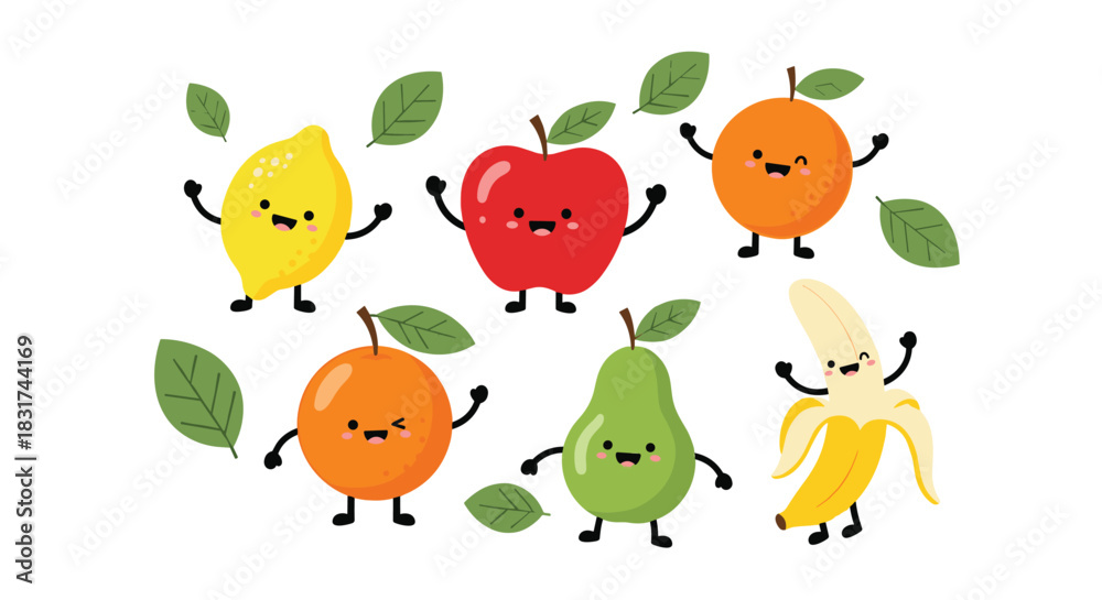 Naklejka premium A joyful group of six cute cartoon fruit characters including an apple pear and banana surrounded by floating green leaves.