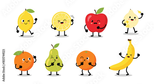 Adorable collection of eight cute and funny cartoon fruit characters with happy faces including a lemon apple and banana.