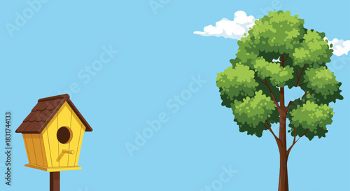 Simple cartoon landscape with a yellow wooden birdhouse and a large green tree under a bright blue sky with a single cloud.