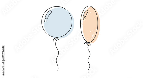 Minimalist hand-drawn illustration of two simple party balloons in pastel blue and pink colors with a textured effect.