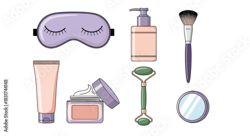 Collection of various skincare and beauty products including a sleep mask face cream jade roller and makeup brush illustration.