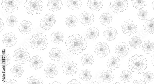 Minimalist and elegant seamless pattern background featuring delicate hand-drawn outline illustrations of scattered daisy flowers.