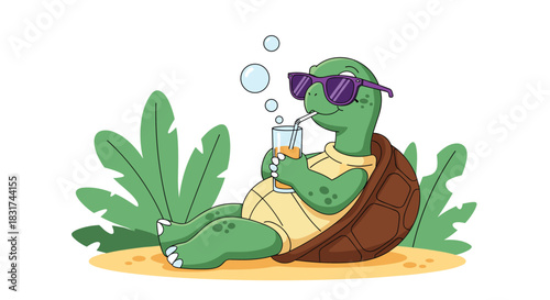 A cool cartoon turtle wearing sunglasses relaxing on the sand and sipping a drink with a straw from a tall glass.
