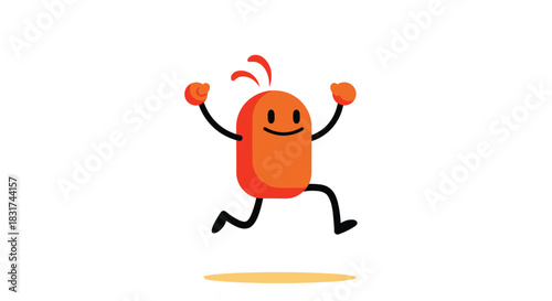 A joyful and energetic simple orange cartoon character with a happy face jumping in the air with arms raised in excitement.