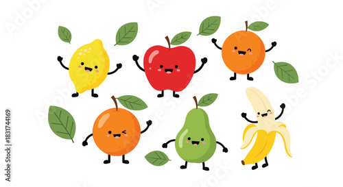 A joyful group of six cute cartoon fruit characters including an apple pear and banana surrounded by floating green leaves.
