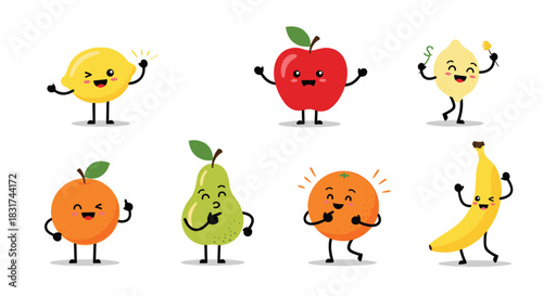 Another cheerful set of eight cartoon fruit characters with expressive happy faces including a lemon apple pear and orange.