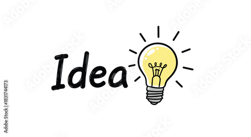 Creative concept illustration with the word 'Idea' in a brush script font next to a shining yellow lightbulb doodle.