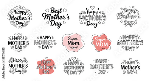 A large collection of various 'Happy Mother's Day' and 'Super Mom' lettering designs in different calligraphic and decorative styles.