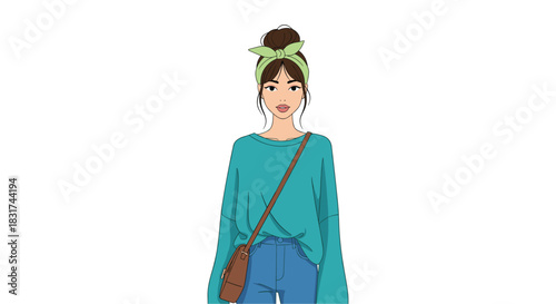A stylish young woman with her hair in a bun wearing a green headband a blue sweater blue jeans and a shoulder bag.